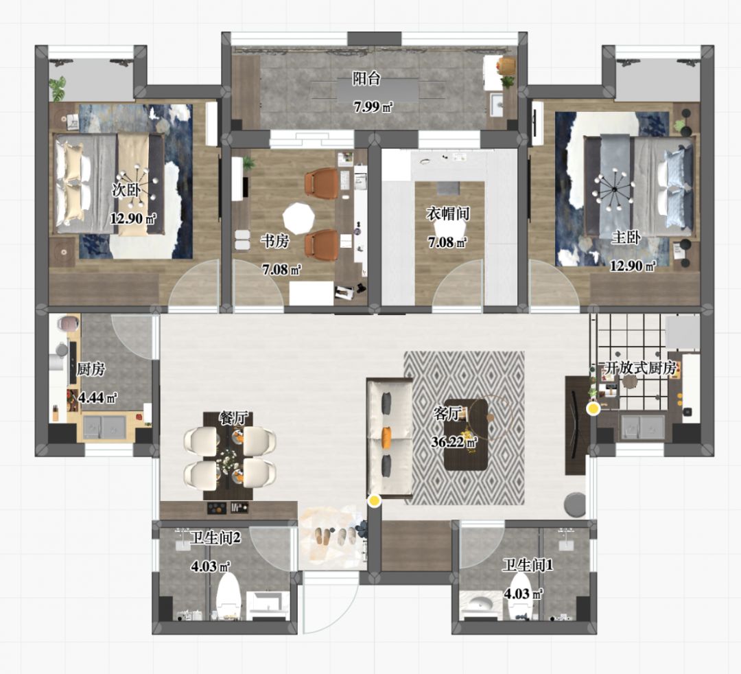 劉萍萍_花崗鴻福城132㎡現(xiàn)代簡約風(fēng)格_兩套小戶型打通變大宅，中西雙廚房+衣帽間打造品質(zhì)生活！01彩平圖