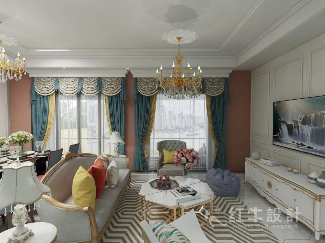 魏利利_紅牛設(shè)計--保利金地貝克灣125㎡美式風格06效果圖欣賞_客餐廳