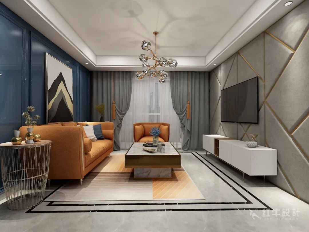 張智猿_紅牛設(shè)計--電建洺悅府105㎡輕奢混搭01客廳