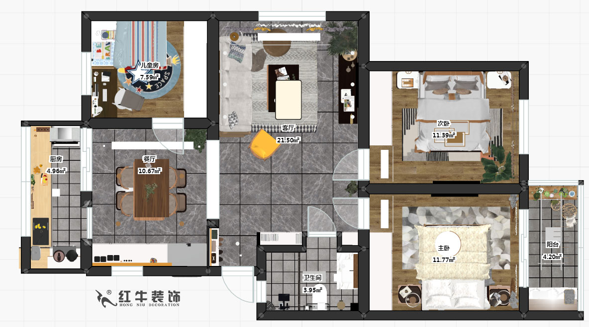 魏明花_南農(nóng)大72-101-95㎡-北歐風格_3室2廳1衛(wèi)_成品家￥142000_全包14萬00彩平圖