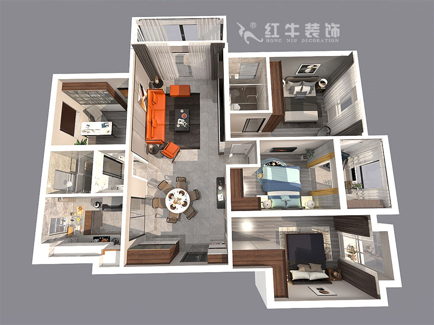 劉小勇_鴻雁名居20-1001-140㎡-現(xiàn)代風(fēng)格_4室2廳2衛(wèi)（新房裝修）_定制家￥208000_全包20萬00_04鳥瞰圖