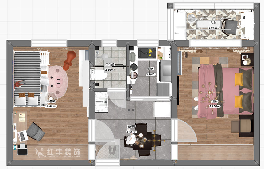 高靈慧｜華新巷16-405-55㎡-北歐風格｜2室1廳2衛(wèi)｜老房裝修｜定制家￥100000｜全包10萬｜00_03彩平圖