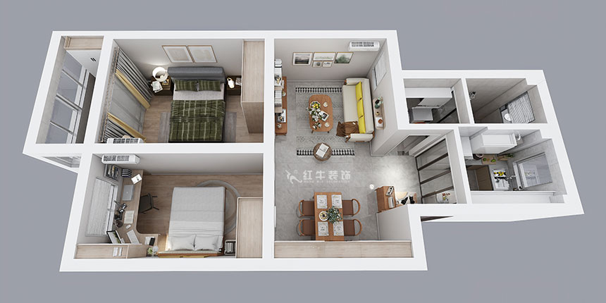 孟憲濤｜雨花村12-606-70㎡-現(xiàn)代風(fēng)格｜2室1廳1衛(wèi)｜二手房裝修｜成品家￥91000｜全包9萬｜00_04鳥瞰圖