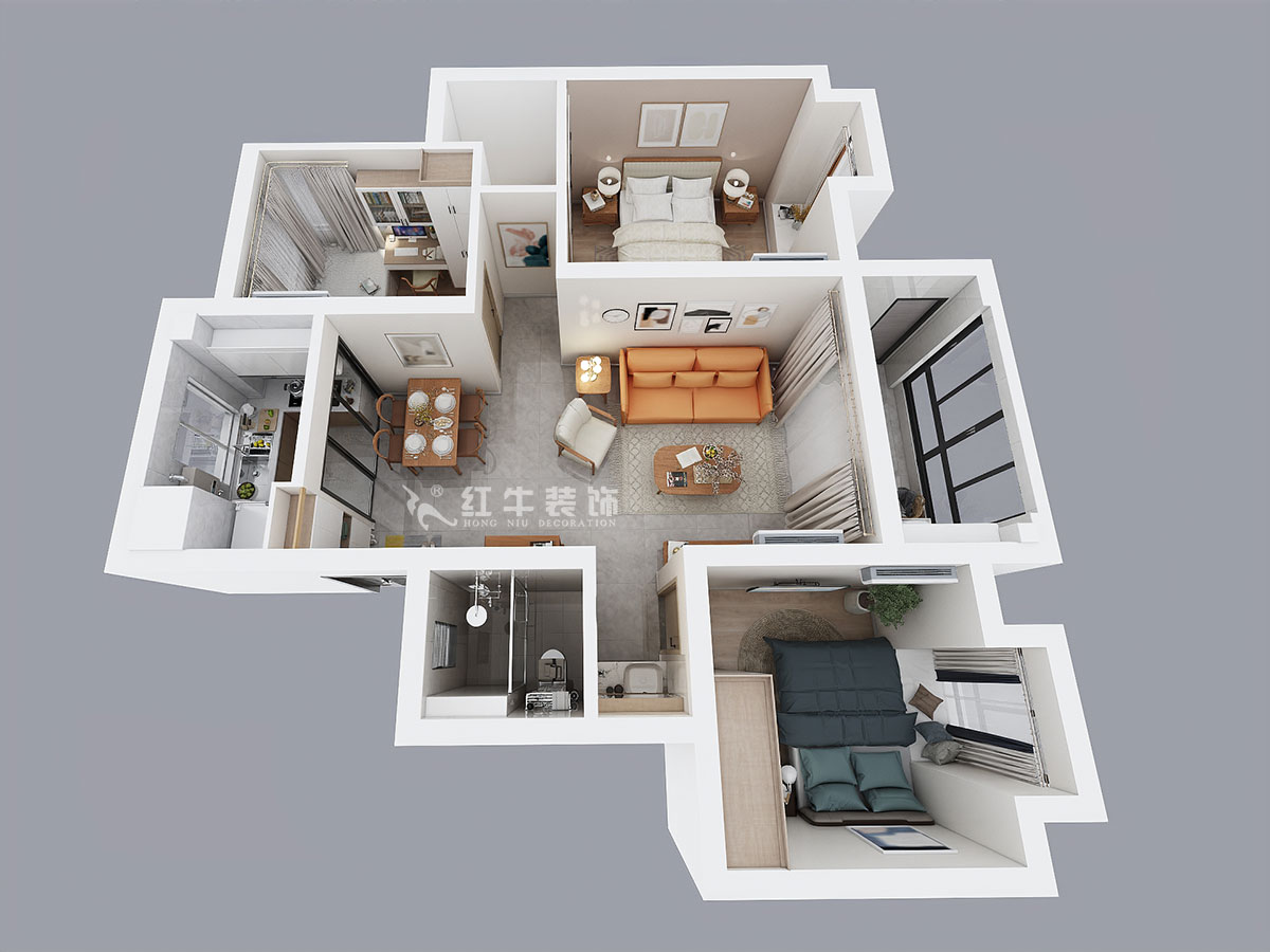 顧娟｜紅豆香江華庭4-3-105-89㎡-現(xiàn)代風(fēng)格｜2室2廳1衛(wèi)｜新房裝修｜定制家￥108740｜全包12萬｜00_04鳥瞰圖