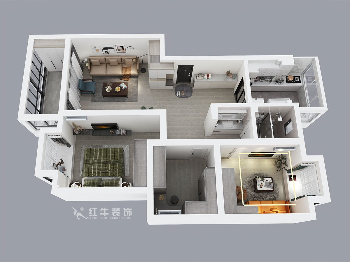 蔣?。趟铺?-3-401-106㎡-現(xiàn)代簡約風(fēng)格｜3室2廳1衛(wèi)｜新房裝修｜成品家￥152999｜全包15萬｜00_04鳥瞰圖