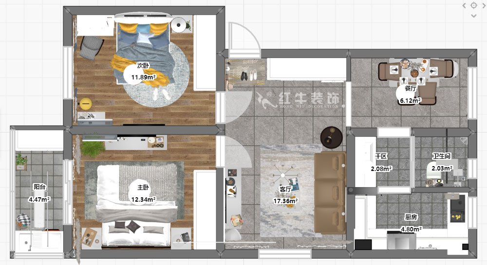 蔣?。T(mén)坎110號(hào)3-501-75㎡-現(xiàn)代簡(jiǎn)約風(fēng)格｜2室2廳1衛(wèi)｜舊房裝修｜成品家￥120000｜全包12萬(wàn)｜00_03彩平圖