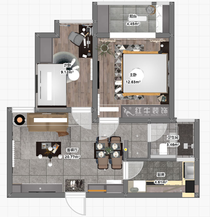 張桐瑋｜龍蟠和園1-1804-64㎡-現(xiàn)代簡約風(fēng)格｜2室1廳1衛(wèi)｜新房裝修｜定制家￥87700｜全包10萬｜00_03彩平圖