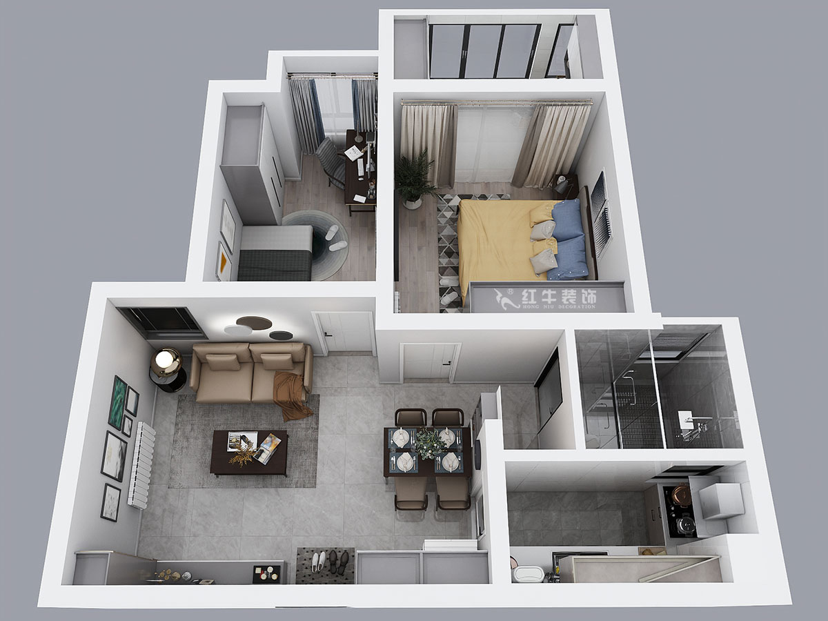 張桐瑋｜龍蟠和園1-1804-64㎡-現(xiàn)代簡約風(fēng)格｜2室1廳1衛(wèi)｜新房裝修｜定制家￥87700｜全包10萬｜00_04鳥瞰圖