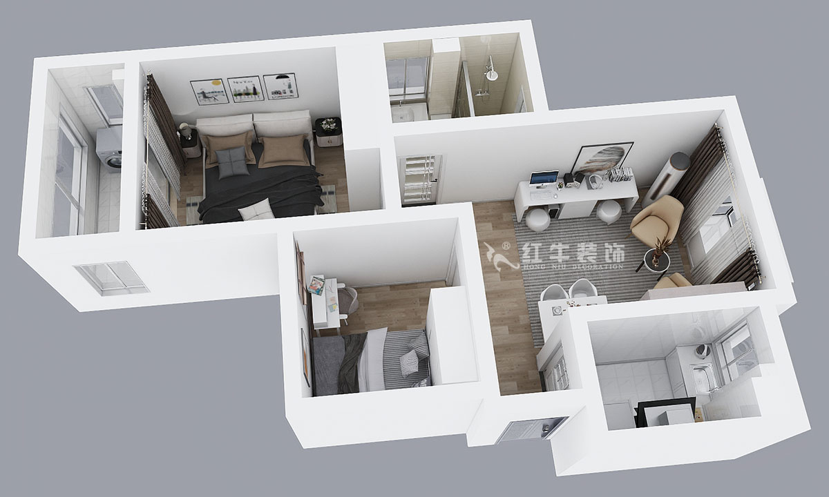 朱彥｜銀龍景苑2-3-712-66㎡-簡約風格｜2室1廳1衛(wèi)｜定制家￥87680｜全包9萬｜00_04俯視圖