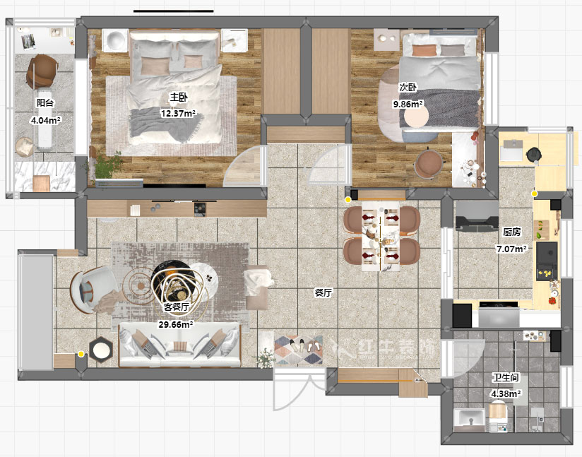 孟憲濤｜幸福美地12-2-404-85㎡-簡(jiǎn)約風(fēng)格｜2室2廳2衛(wèi)｜老房裝修｜定制家￥109000｜全包12萬｜00_03彩平圖