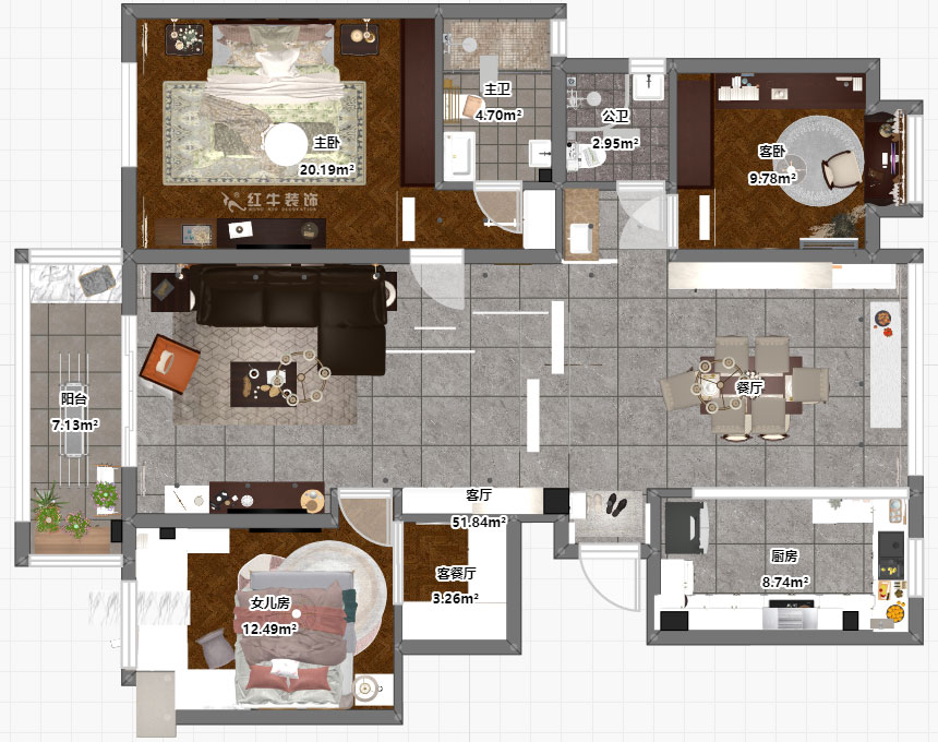 魏明花｜華府國際8-4-607-142㎡-現(xiàn)代簡約風(fēng)格｜3室2廳2衛(wèi)｜毛坯房裝修｜定制家￥210681｜全包21萬｜00_03平面彩圖
