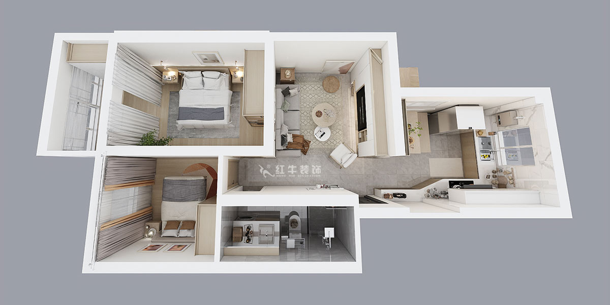 朱明琪｜富康新村8-204-63㎡-北歐原木風格｜2室2廳1衛(wèi)｜老房翻新｜定制家￥112770｜全包11萬｜00_04鳥瞰圖