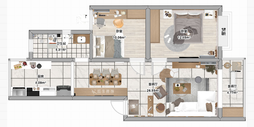 朱彥｜廣廈嘉苑9-2-203-85㎡-簡約風格｜2室2廳1衛(wèi)｜老房翻新｜定制家￥120900｜全包12萬｜00_03平面彩圖