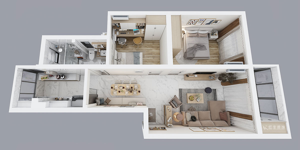 朱彥｜廣廈嘉苑9-2-203-85㎡-簡約風格｜2室2廳1衛(wèi)｜老房翻新｜定制家￥120900｜全包12萬｜00_04鳥瞰圖