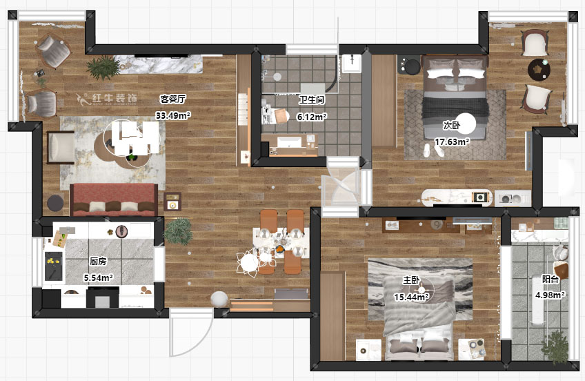 朱彥｜天潤(rùn)城3街區(qū)28-1-301-95㎡-現(xiàn)代風(fēng)格｜2室2廳1衛(wèi)｜老房裝修｜定制家￥161200｜全包12萬｜00_03平面彩圖