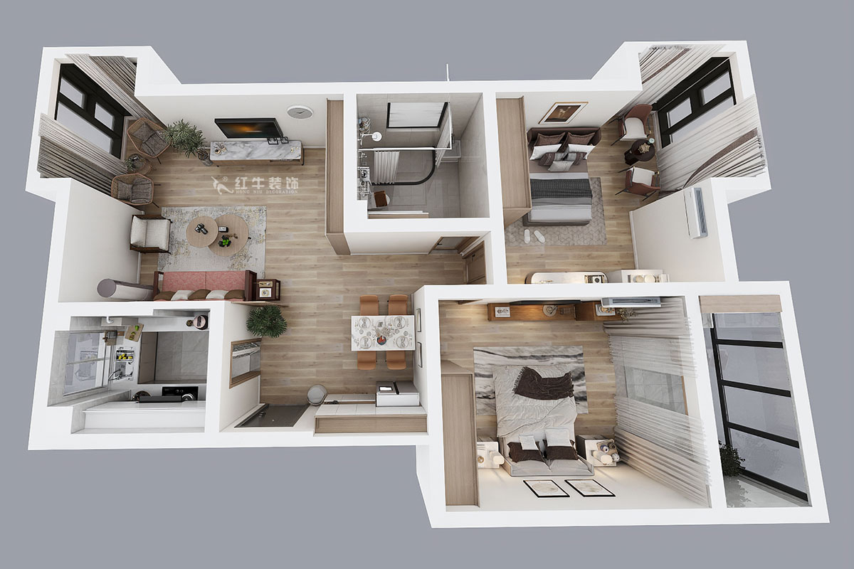 朱彥｜天潤(rùn)城3街區(qū)28-1-301-95㎡-現(xiàn)代風(fēng)格｜2室2廳1衛(wèi)｜老房裝修｜定制家￥161200｜全包12萬｜00_04鳥瞰圖