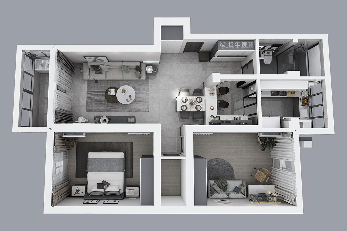 蔣?。旄@43-401-90㎡-現(xiàn)代簡約風(fēng)格｜2室1廳1衛(wèi)｜舊房裝修｜定制家￥122757｜全包12萬｜00_04鳥瞰圖
