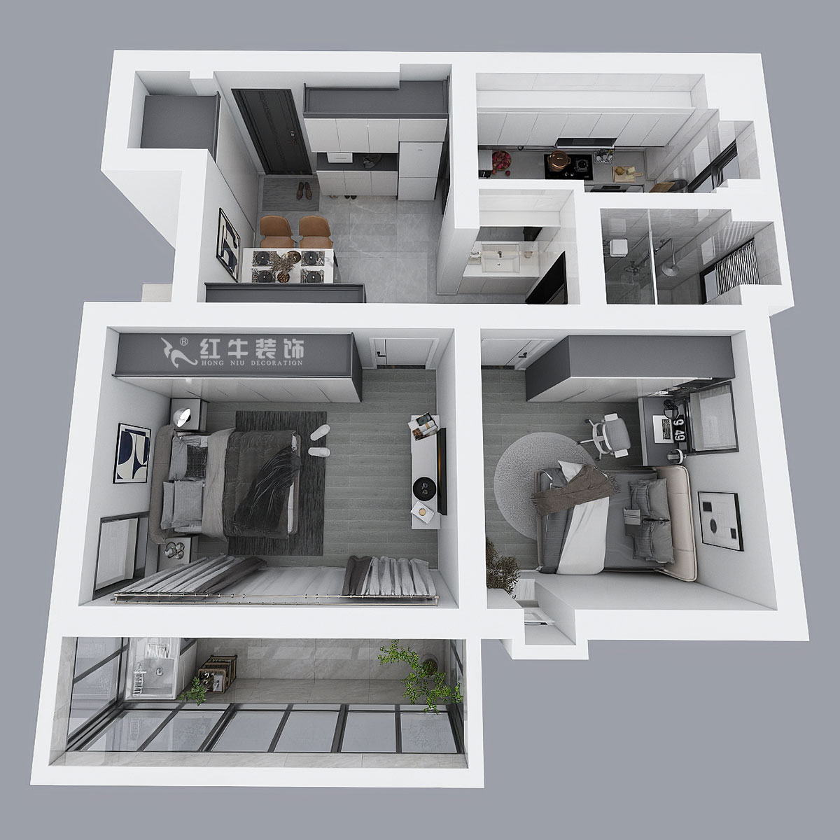 蔣?。珗@路44號(hào)小區(qū)3-204-60㎡-現(xiàn)代簡(jiǎn)約風(fēng)格｜2室1廳1衛(wèi)｜舊房裝修｜定制家｜全包10萬(wàn)｜00_04鳥(niǎo)瞰圖