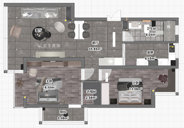 蔣?。霄沃腥A廣場11-601-110㎡-現(xiàn)代簡約風(fēng)格｜2室2廳1衛(wèi)｜舊房裝修｜定制家￥140400｜全包15萬｜00_03平面彩圖