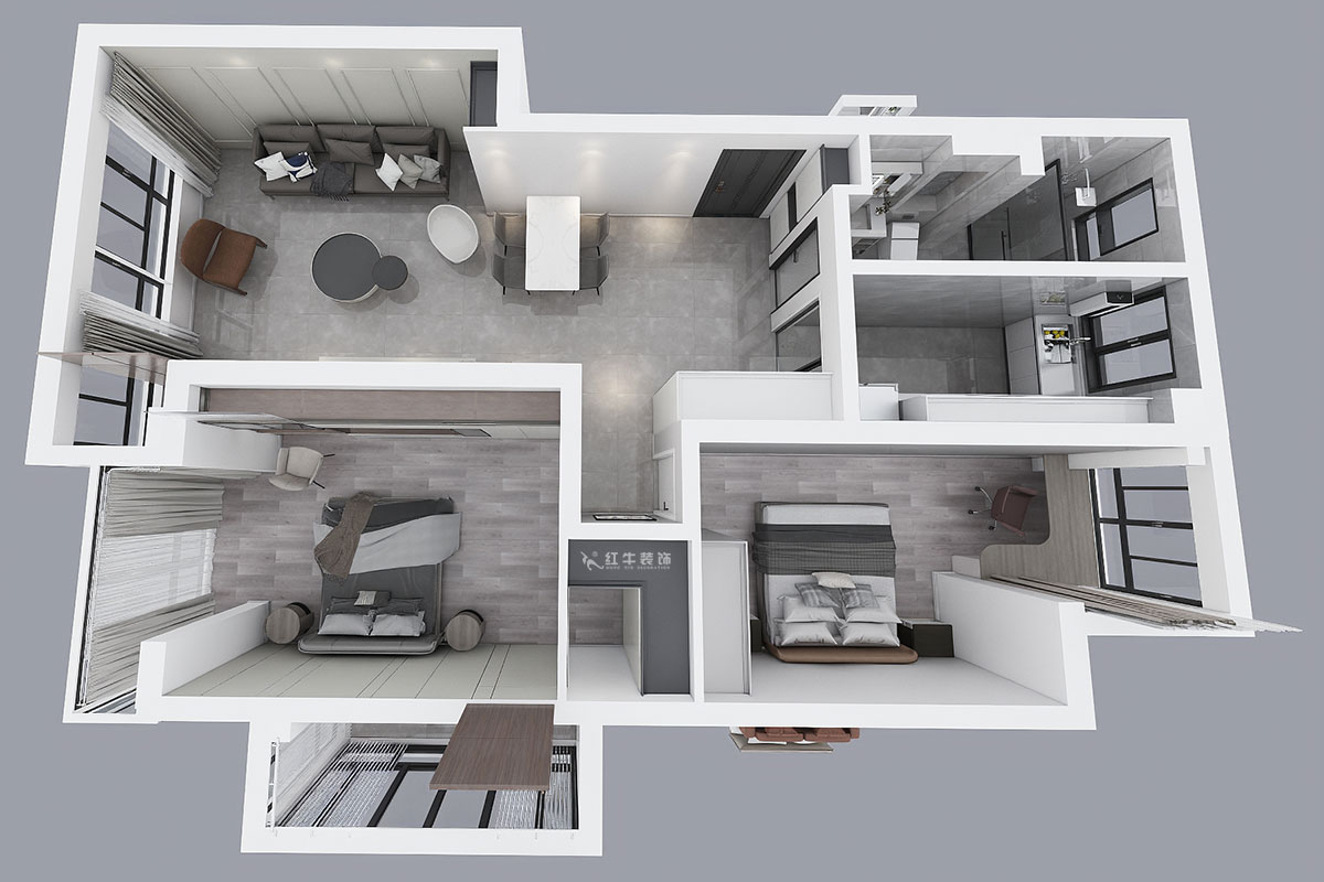 蔣?。霄沃腥A廣場11-601-110㎡-現(xiàn)代簡約風(fēng)格｜2室2廳1衛(wèi)｜舊房裝修｜定制家￥140400｜全包15萬｜00_04鳥瞰圖