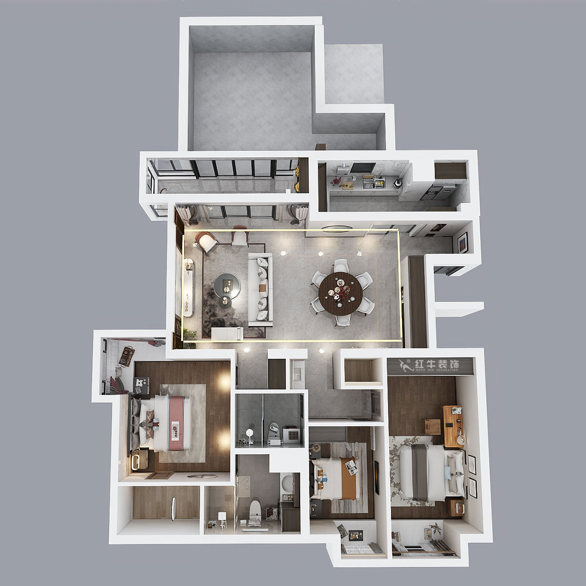 蔣琛｜京隆名爵府-2-1-301-160㎡-中式風(fēng)格｜3室2廳2衛(wèi)｜舊房裝修｜定制家｜全包22萬｜00_04鳥瞰圖