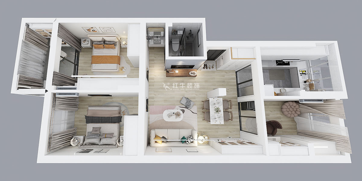 蔣?。娚缴角f24-303-90㎡-現(xiàn)代簡約風格｜3室1廳1衛(wèi)｜舊房裝修｜定制家￥120000｜全包13萬｜00_04俯視圖