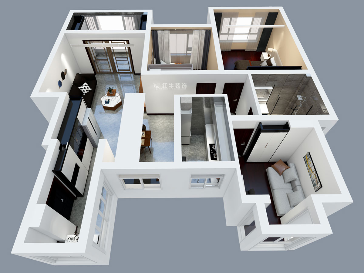 張智猿｜弘陽(yáng)上院19-504-110㎡-現(xiàn)代風(fēng)格｜3室2廳1衛(wèi)｜新房裝修｜定制家￥100902｜全包14萬(wàn)｜00_04鳥瞰圖