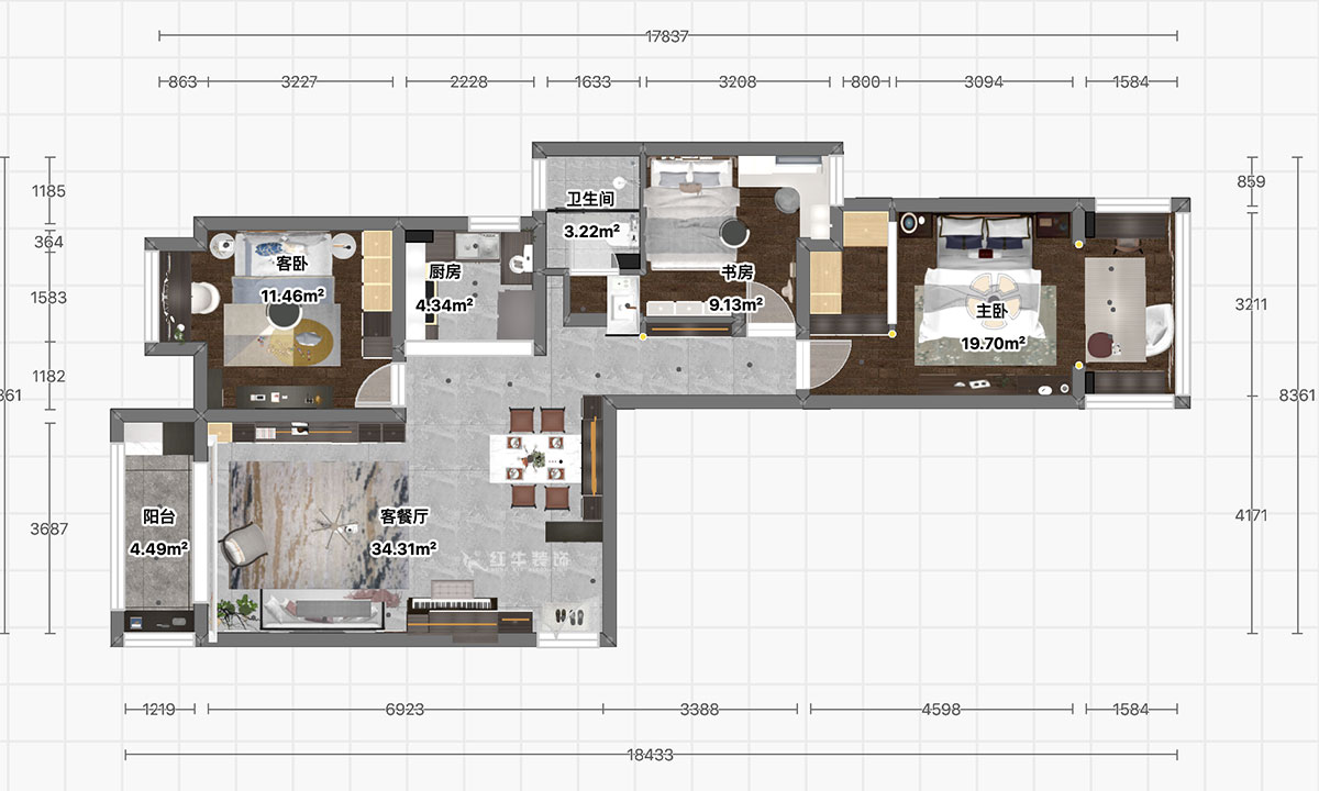 顧娟｜御道嘉庭6-205-107㎡-中式風格｜3室2廳1衛(wèi)｜新房裝修｜定制家｜全包14