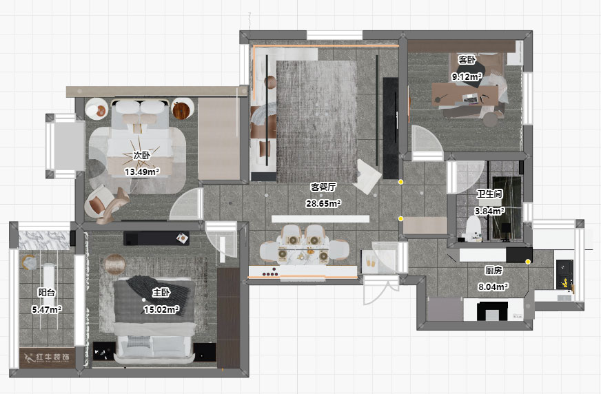 朱明琪｜亞都天元居9-1004-113㎡-現(xiàn)代簡(jiǎn)約風(fēng)格｜3室1廳1衛(wèi)｜老房翻新｜定制家￥161800｜全包15萬(wàn)｜00_04平面彩圖