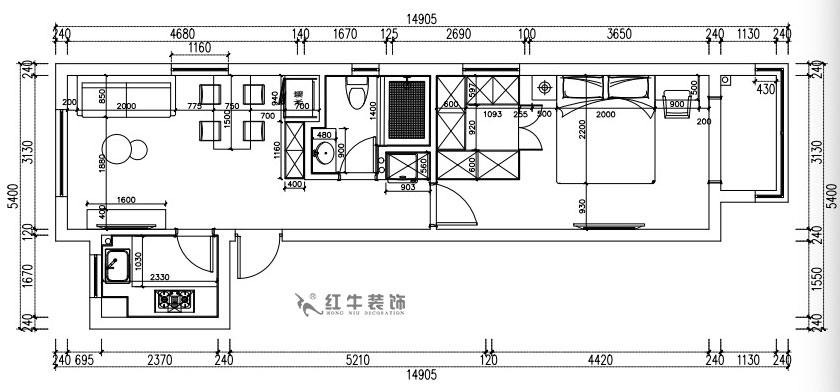 張桐瑋｜紫楊佳園29-2101-59㎡-現(xiàn)代簡(jiǎn)約風(fēng)格｜2室1廳1衛(wèi)｜新房裝修｜定制家￥89500｜全包10萬｜00_03平面尺寸圖