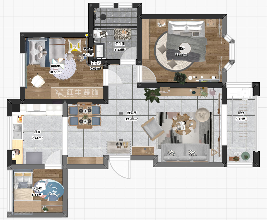 吳波｜御水灣花園61-401-90㎡-現(xiàn)代風(fēng)格｜2室2廳1衛(wèi)｜舊房裝修｜定制家￥102861｜全包11萬(wàn)｜00_03平面彩圖