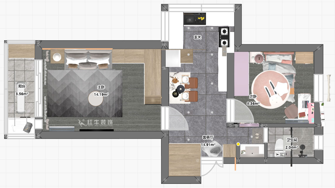 朱明琪｜廳后街寧中里2-3-606-57㎡-現(xiàn)代簡約風(fēng)格｜2室2廳1衛(wèi)｜老房裝修｜定制家￥101015｜全包10萬｜00_04平面彩圖