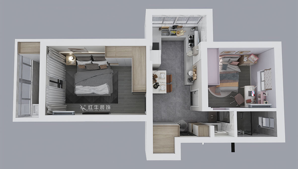 朱明琪｜廳后街寧中里2-3-606-57㎡-現(xiàn)代簡約風(fēng)格｜2室2廳1衛(wèi)｜老房裝修｜定制家￥101015｜全包10萬｜00_05鳥瞰圖