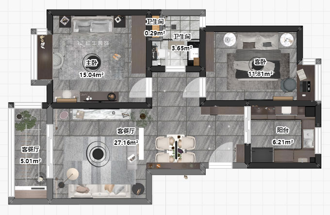 吳波｜亞東國際13-105-90㎡-現(xiàn)代風(fēng)格｜2室2廳2衛(wèi)｜舊房裝修｜定制家￥114404｜全包12萬｜00_03平面彩圖