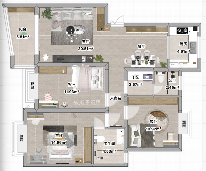 蔣琛｜三金福邸7-405-110㎡-現(xiàn)代簡(jiǎn)約風(fēng)格｜2室2廳2衛(wèi)｜新房裝修｜定制家｜全包15萬(wàn)｜00_04平面彩圖