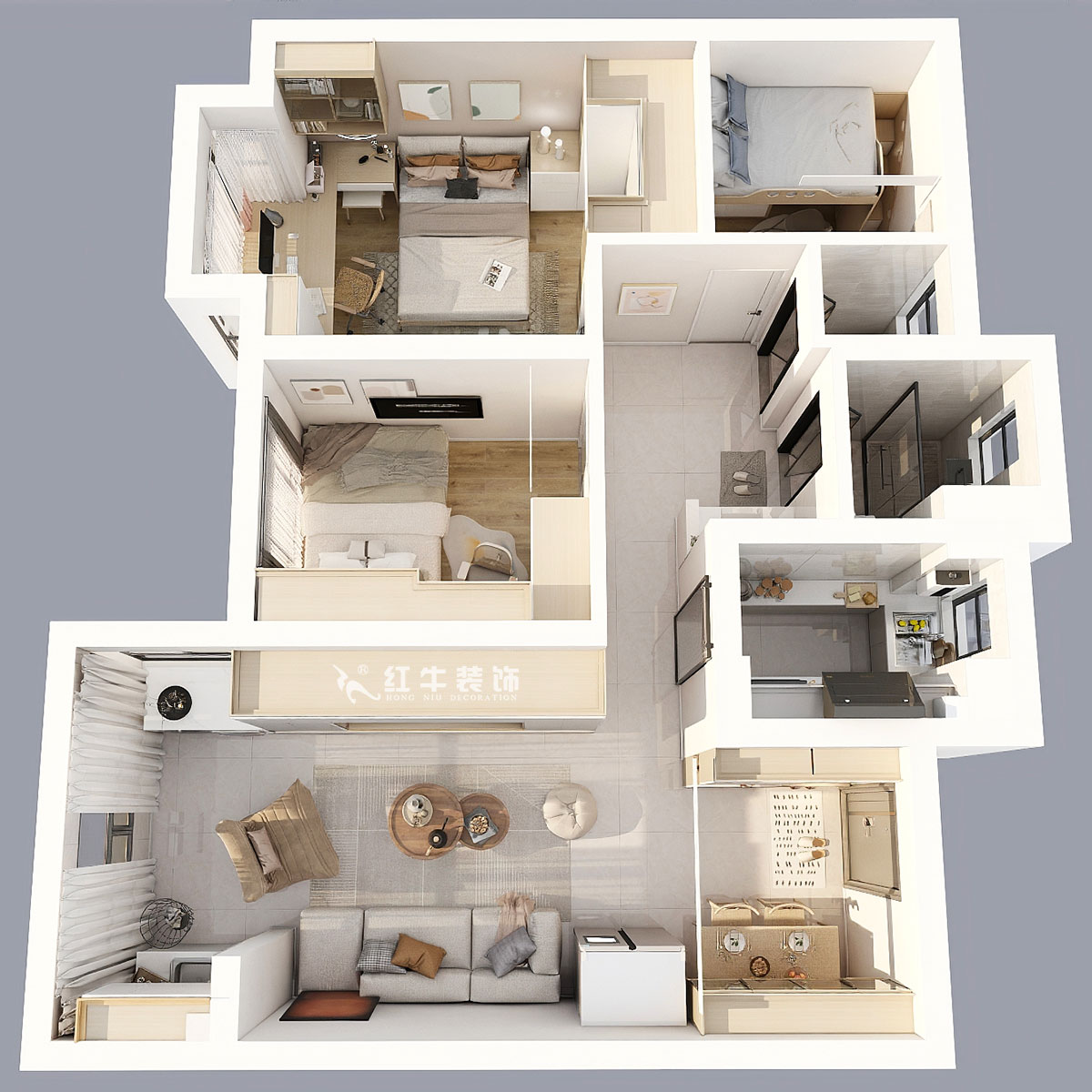 蔣?。鼕W園金基天著尚居5-1002-85㎡-現(xiàn)代簡約風(fēng)格｜3室2廳1衛(wèi)｜新房裝修｜定制家｜全包12萬｜00_05彩色三維圖