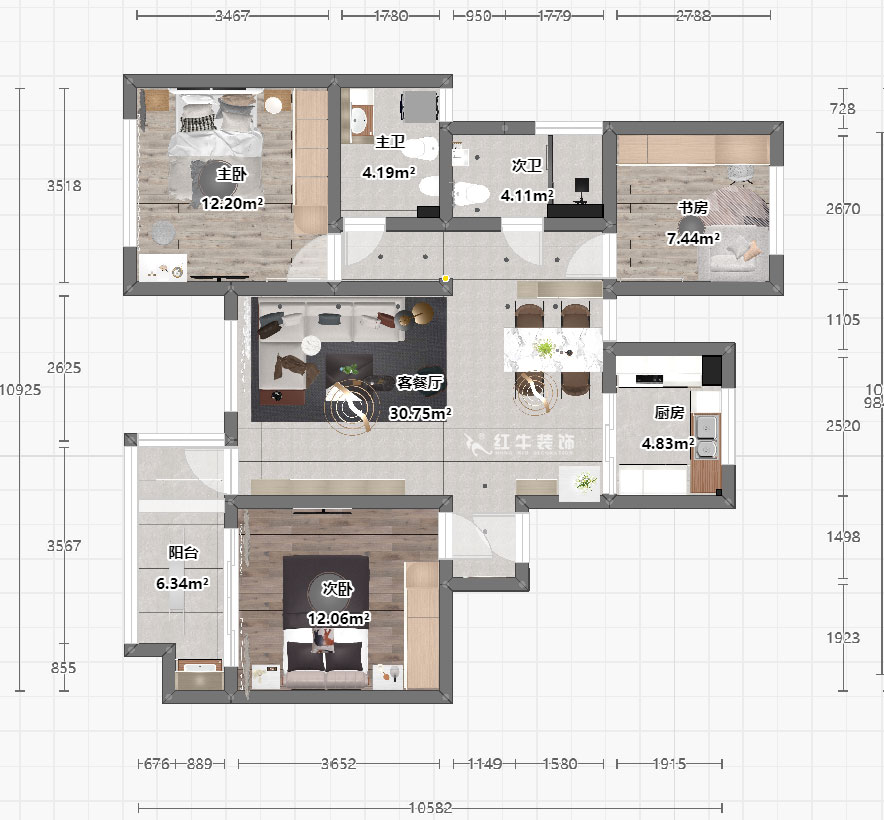 魏明花｜山水云房37-1502-123㎡-現(xiàn)代簡(jiǎn)約風(fēng)格｜3室2廳2衛(wèi)｜毛坯房裝修｜定制家｜全包12萬(wàn)｜00_03俯視圖
