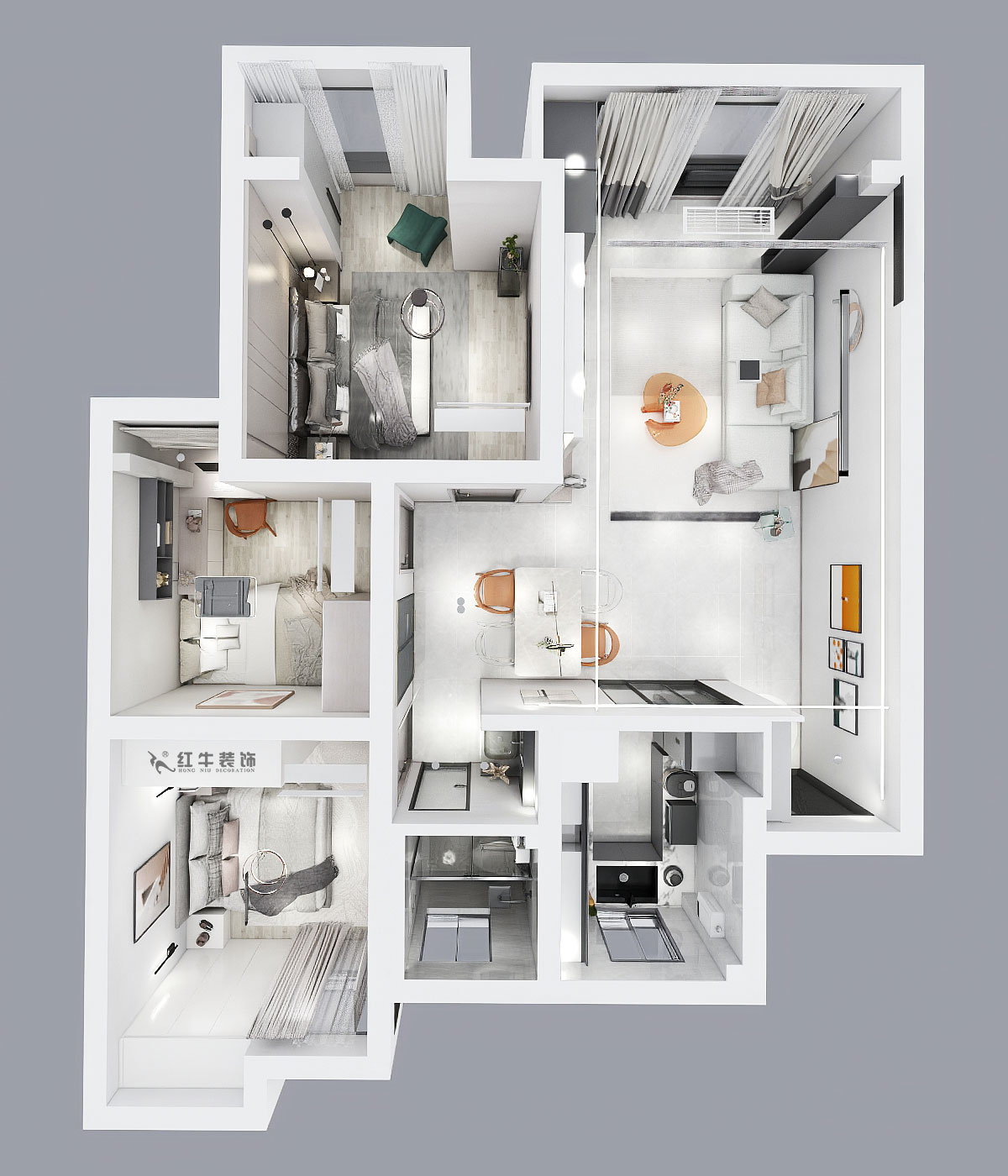 孟憲濤｜旭日愛(ài)上城星島園5-203-90㎡-簡(jiǎn)約風(fēng)格｜3室1廳1衛(wèi)｜老房裝修｜定制家｜全包14萬(wàn)｜00_04鳥瞰圖