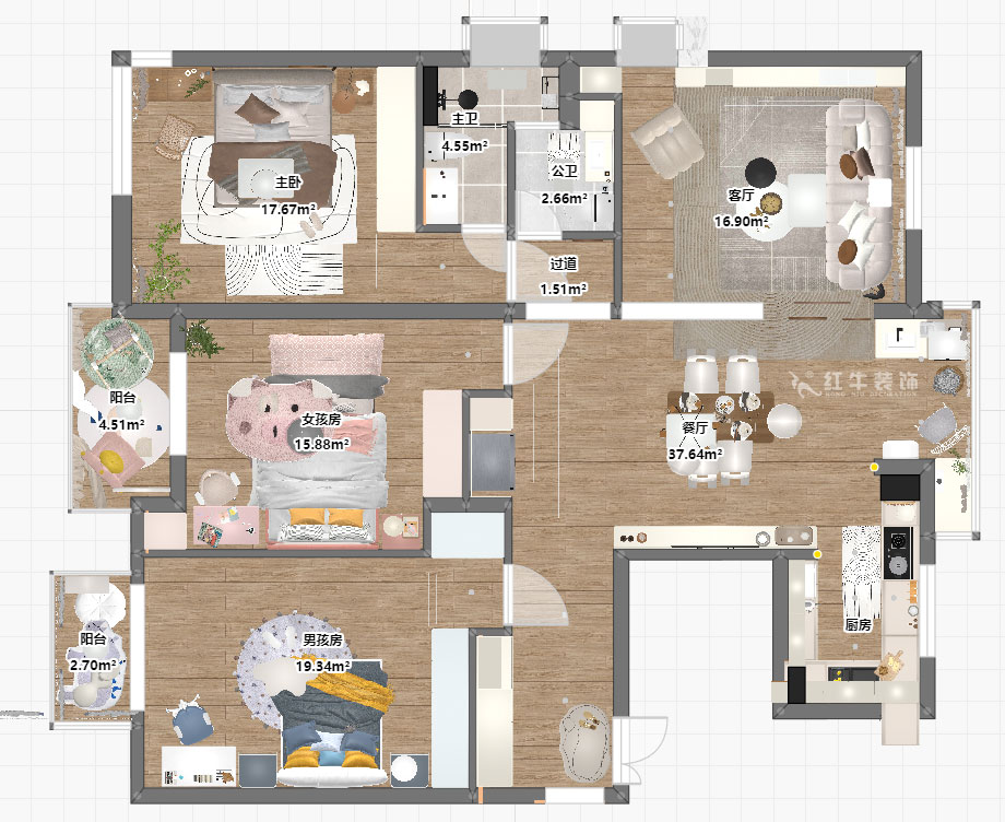 朱彥｜仁恒翠竹園26-204-130㎡-簡(jiǎn)約風(fēng)格｜3室2廳2衛(wèi)｜老房裝修｜定制家｜全包20萬(wàn)｜00_03平面彩圖
