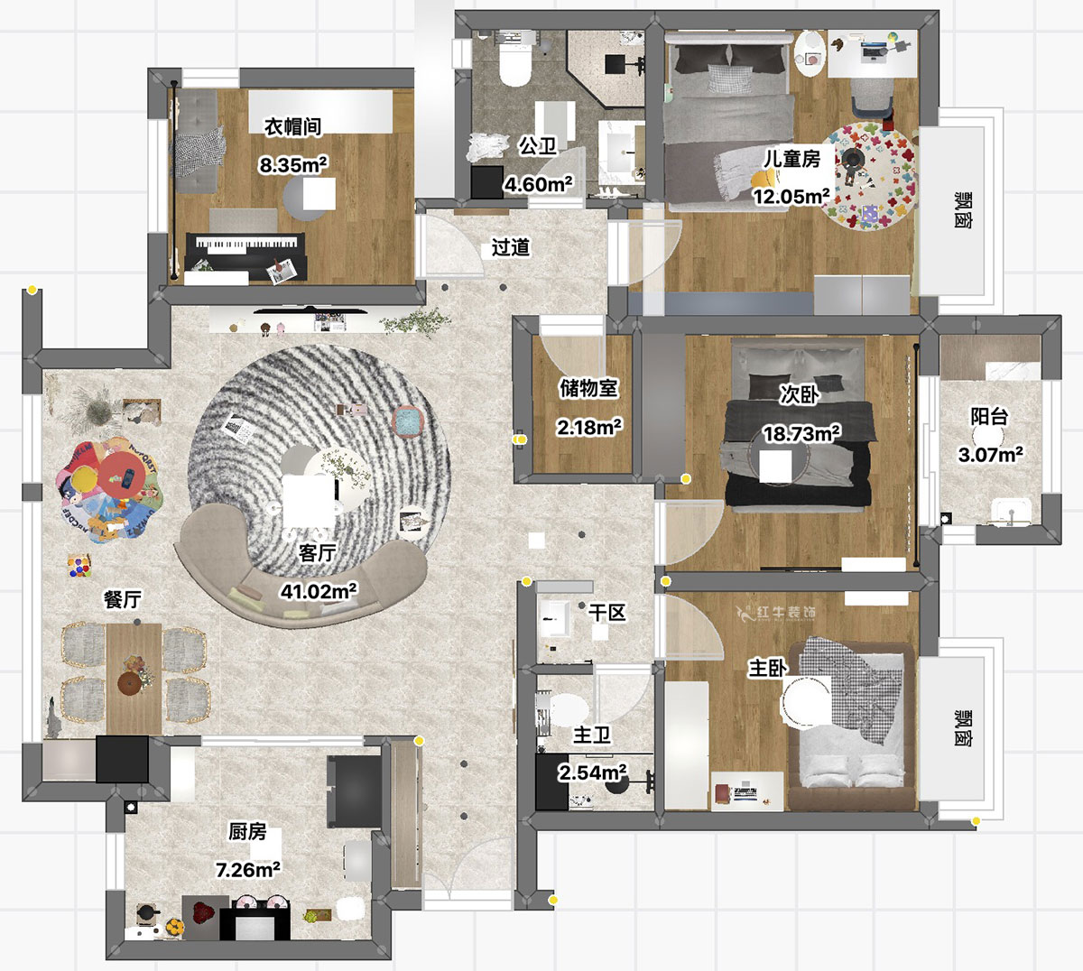 魏利利｜萬達(dá)茂御湖世家二期7-1905-131㎡-現(xiàn)代簡約風(fēng)格｜4室2廳2衛(wèi)｜毛坯房裝修｜定制家｜全包17萬｜00_03平面彩圖