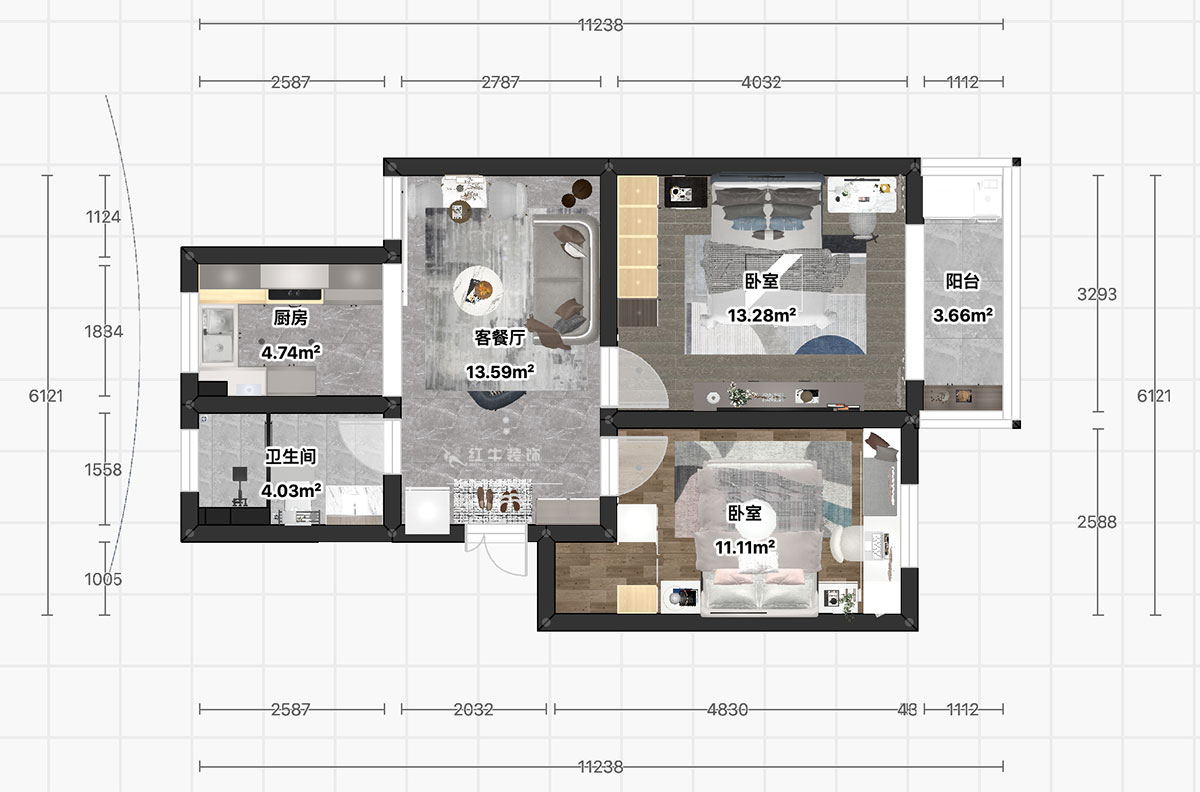 顧娟｜白馬山莊3-2-602-65㎡-現(xiàn)代風(fēng)格｜2室1廳1衛(wèi)｜舊房裝修｜定制家｜全包11