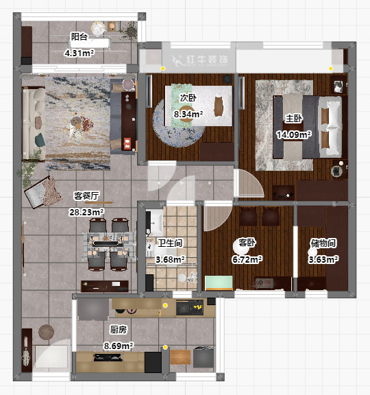 孟憲濤｜句容碧桂園星悅灣20-2-604-105㎡-簡中風(fēng)格｜3室1廳1衛(wèi)｜新房裝修｜定制家｜全包14萬｜00_03平面彩圖