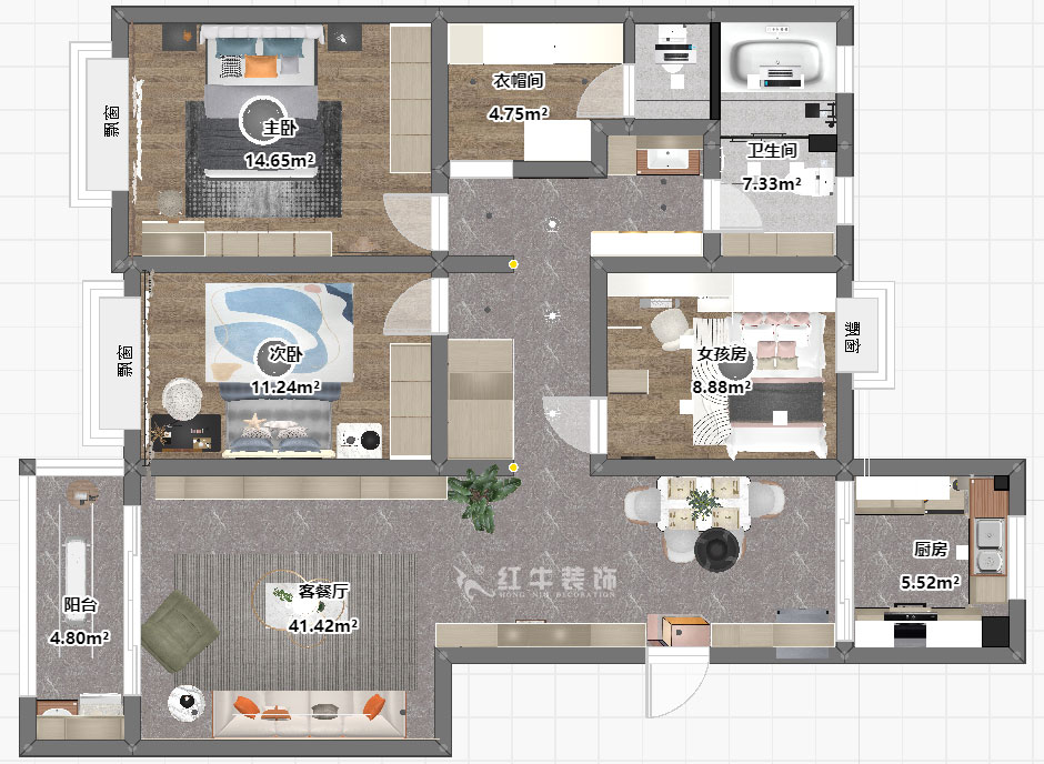 魏明花｜鴻意星城19-302-130㎡-現(xiàn)代簡約風格｜3室2廳2衛(wèi)｜二手房裝修｜定制家｜全包17