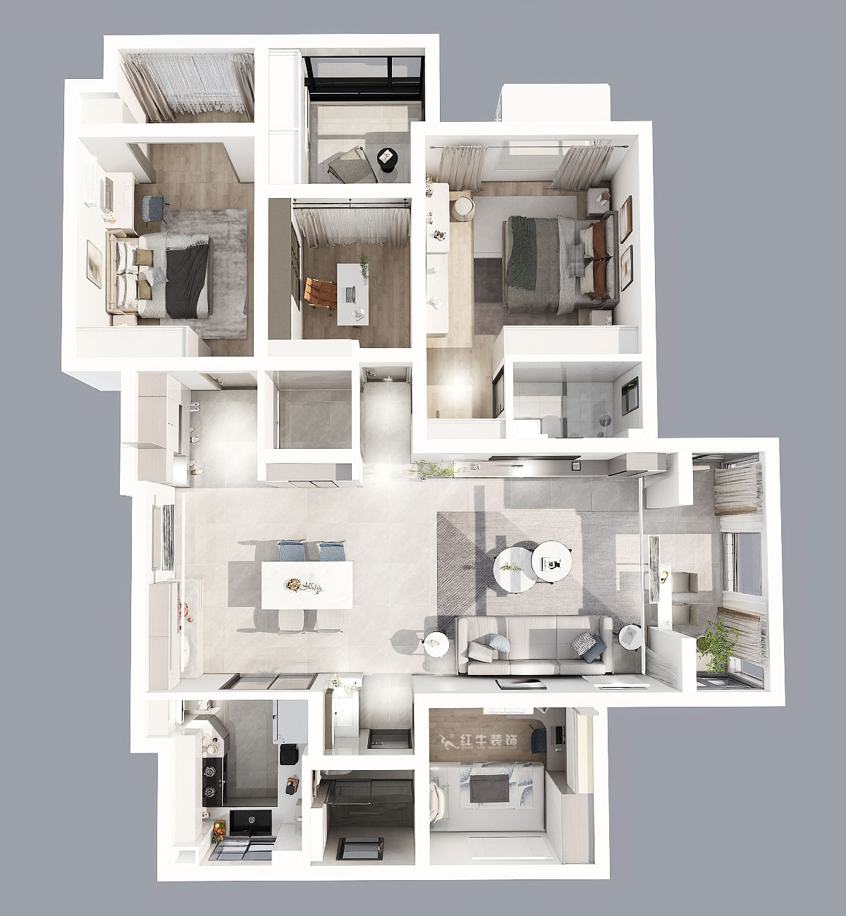 蔣琛｜鴻運(yùn)嘉園18-2-304-140㎡-現(xiàn)代簡(jiǎn)約風(fēng)格｜4室2廳2衛(wèi)｜新房裝修｜定制家｜全包22萬(wàn)｜00_04鳥瞰圖