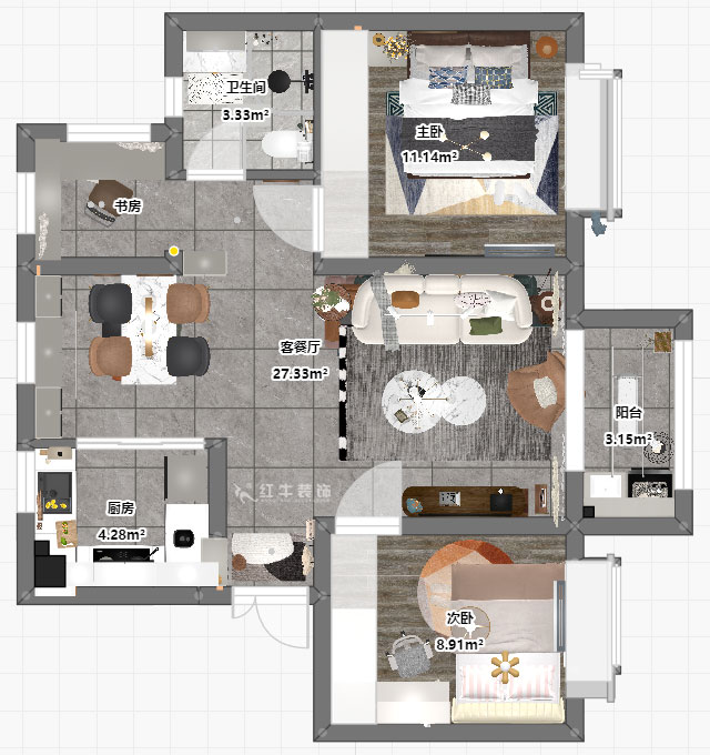 孟憲濤｜云祿花園12-801-80㎡-現(xiàn)代簡(jiǎn)約風(fēng)格｜3室1廳1衛(wèi)｜新房裝修｜定制家｜全包12萬(wàn)｜00_03平面彩圖