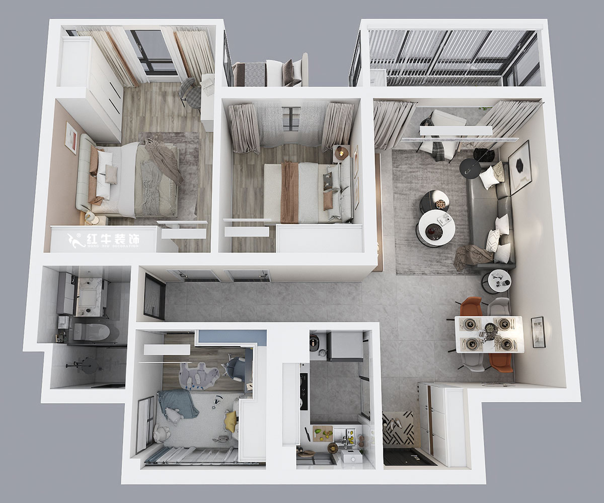 劉小勇｜招商公園里1-303-88㎡-現(xiàn)代簡約風(fēng)格｜3室2廳1衛(wèi)｜老房裝修｜定制家｜全包11萬｜00_04鳥瞰圖
