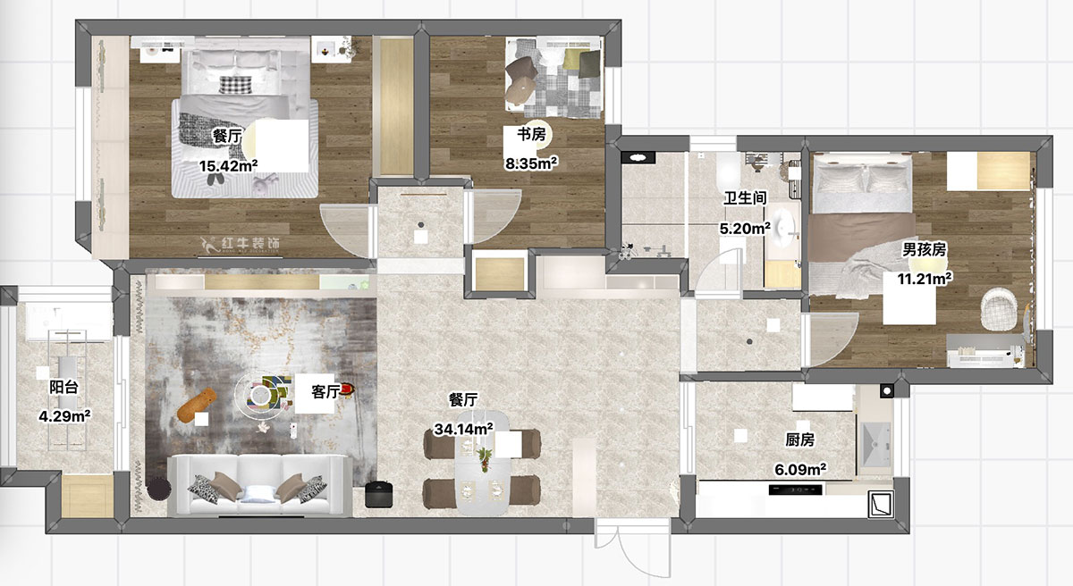 魏利利｜楓情水岸23-506-110㎡-現(xiàn)代簡(jiǎn)約風(fēng)格｜3室2廳1衛(wèi)｜二手房改造｜定制家｜全包14萬(wàn)｜00_04平面彩圖