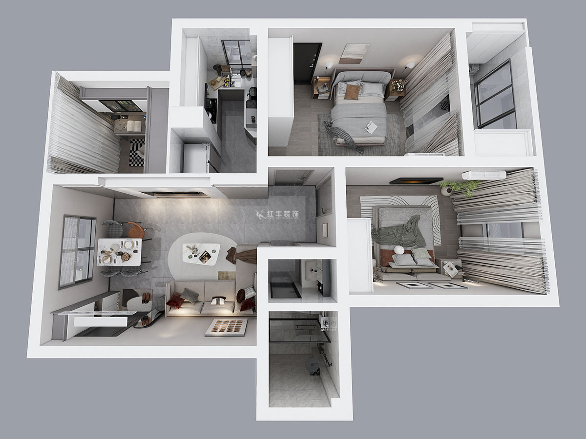 孟憲濤｜花崗幸福城玉蘭園10-201-90㎡-現(xiàn)代簡約風格｜3室1廳1衛(wèi)｜老房裝修｜定制家｜全包13萬｜00_04鳥瞰圖