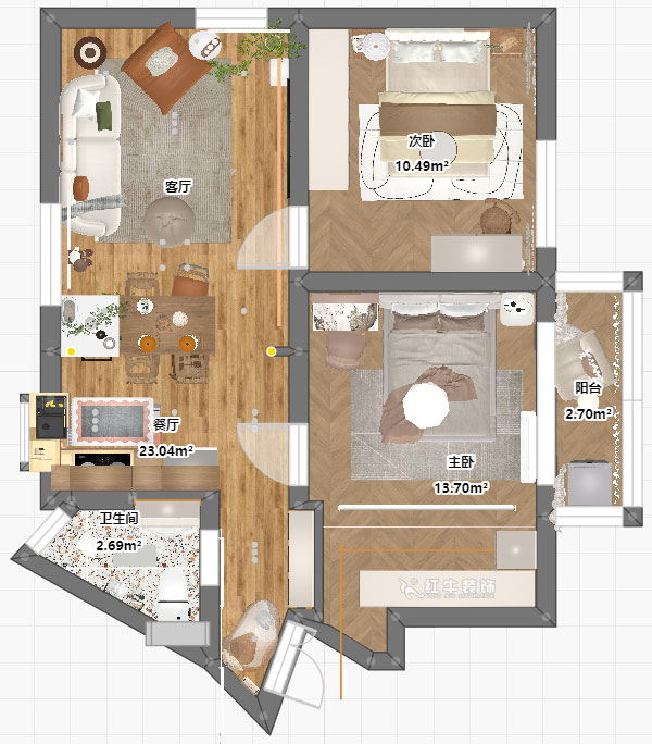 朱明琪｜瑞金新村23-504-1902-69㎡-現(xiàn)代簡約風(fēng)格｜2室1廳1衛(wèi)｜老房翻新｜定制家｜全包12萬｜00_04平面彩圖