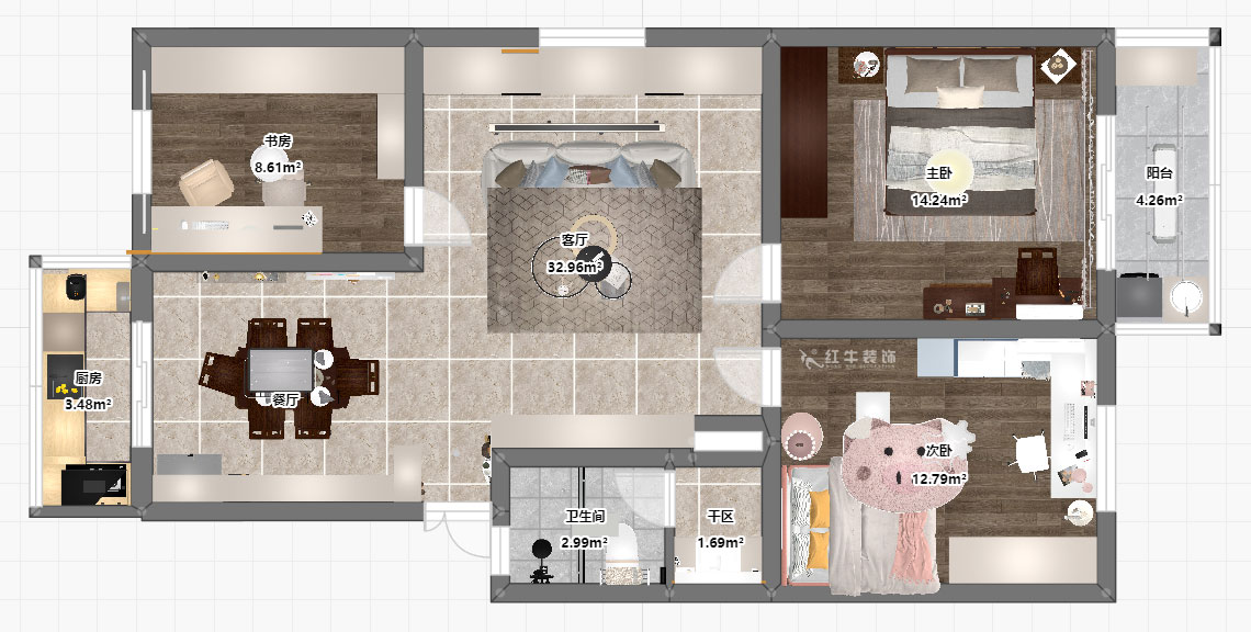 孟憲濤｜牡丹里17-601-108㎡-現(xiàn)代簡約風格｜3室2廳2衛(wèi)｜老房裝修｜定制家｜全包14萬｜00_03平面彩圖